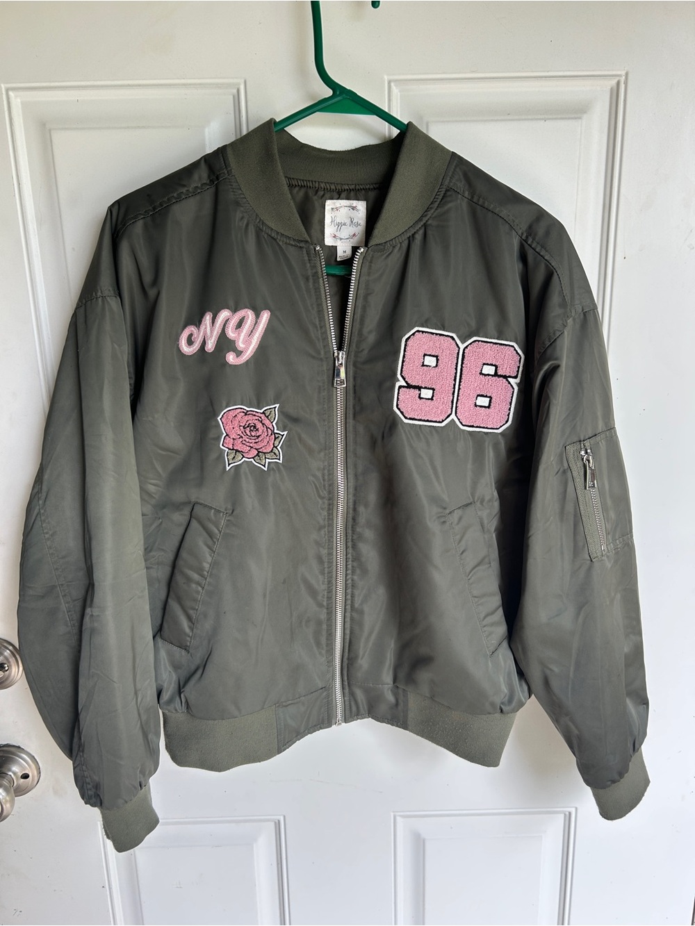 Hippie Rose Olive Green Bomber Jacket with Pink Patches
